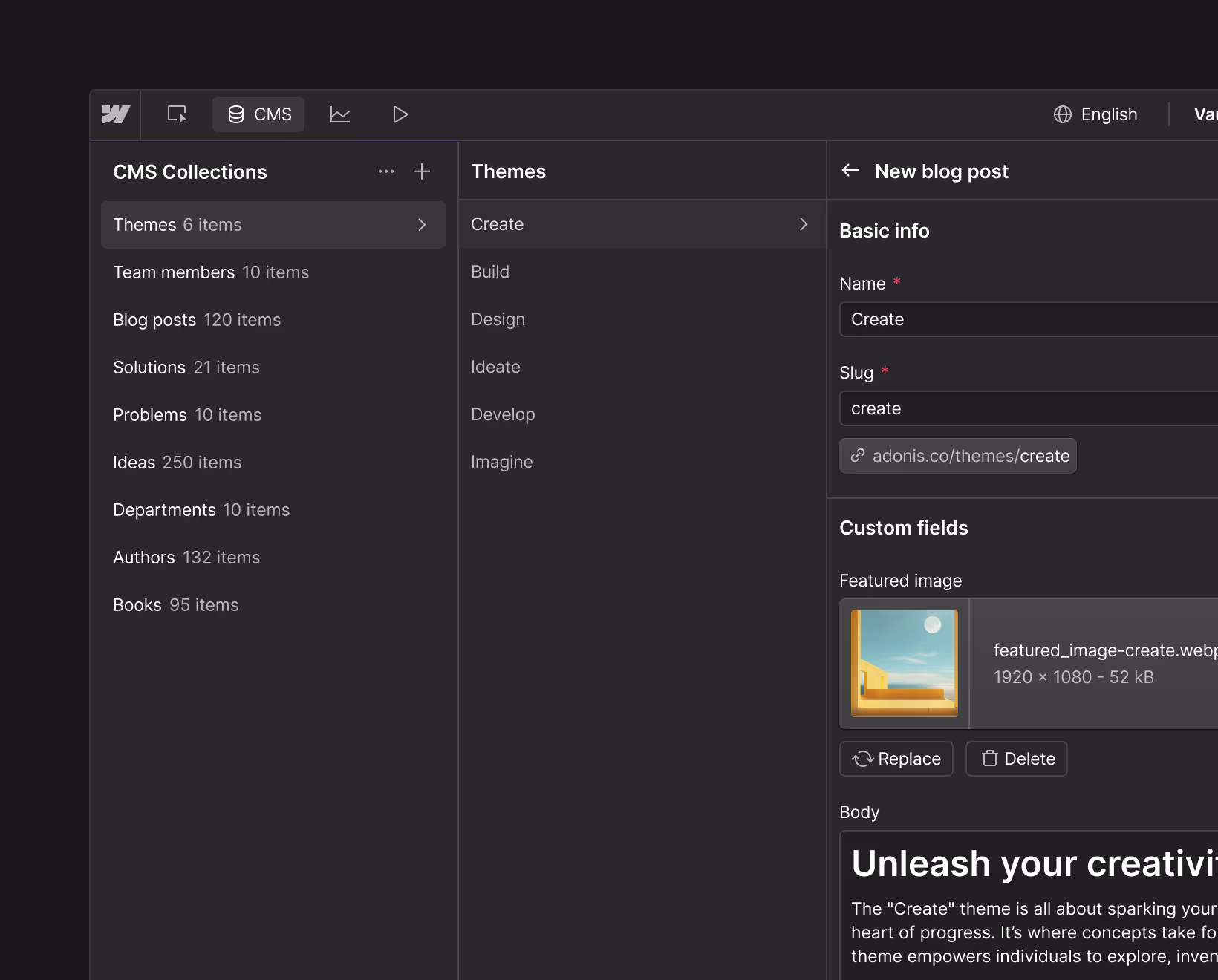 Éditeur CMS Webflow : collections, items et formulaire d’édition